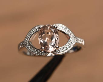 natural pink morganite ring sterling silver engagement ring oval cut pink gemstone ring for women