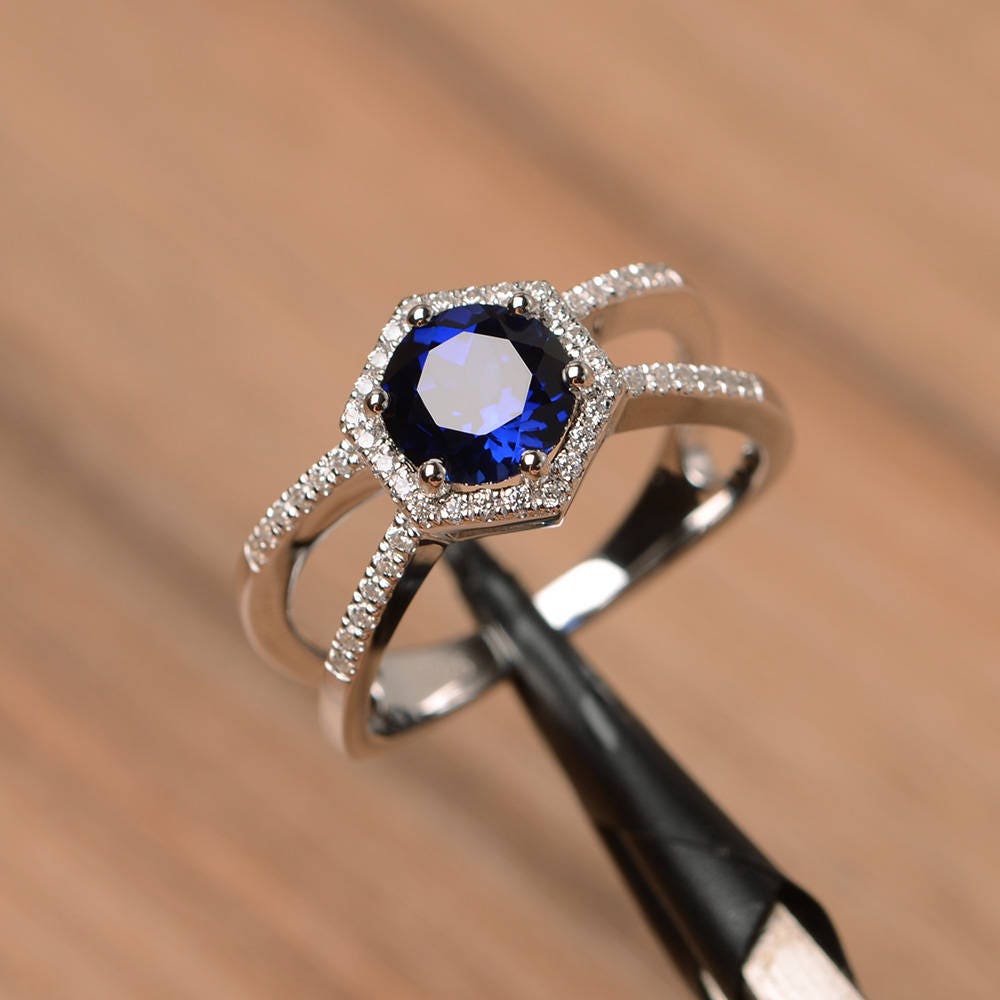 Sapphire Ring Sterling Silver Ring Round Cut Halo Engagement - Etsy