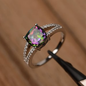 mystic topaz anniversary ring sterling silver cushion cut split shank statement ring