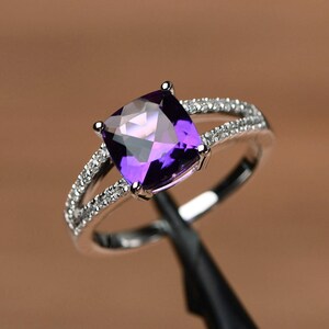 natural amethyst ring purple gemstone promise ring cushion cut February birthstone ring silver ring