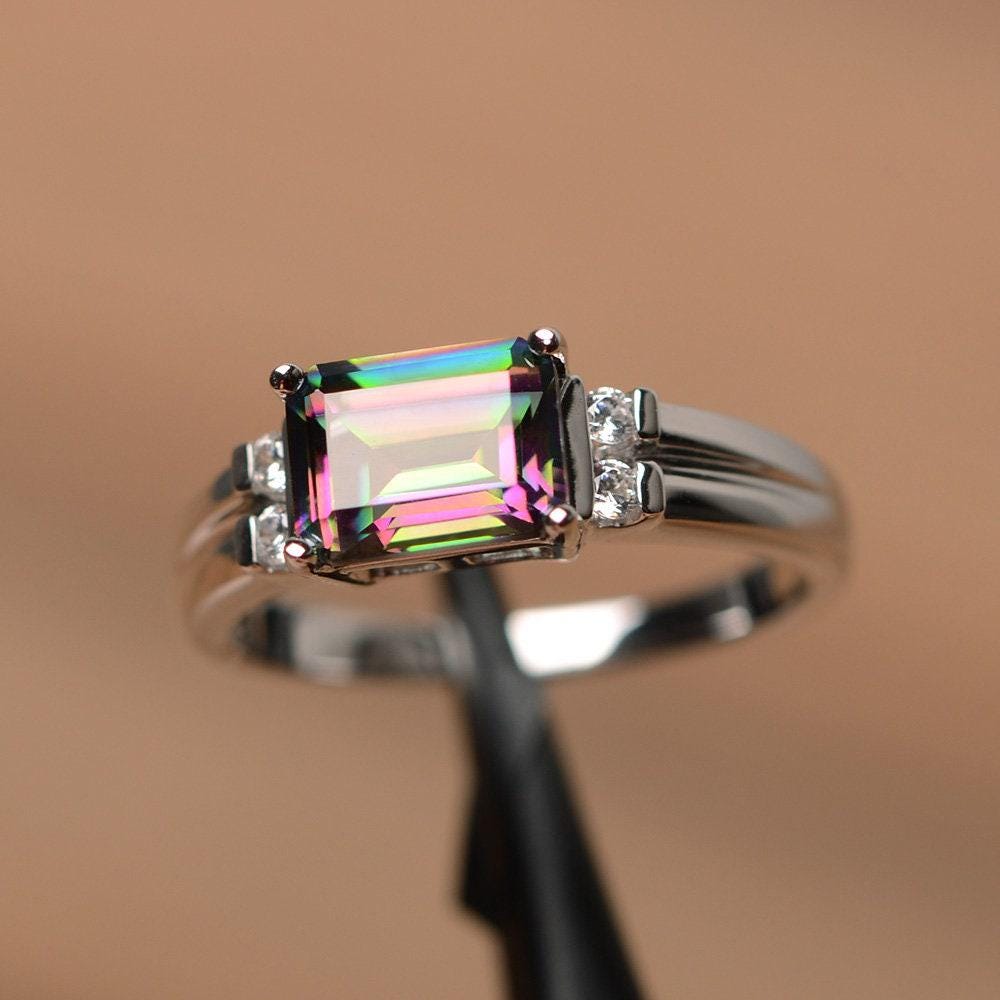 Topaz Color Ring Mystic Topaz Ring Emerald Cut Color Changing Ring Silver Ring Romantic ...