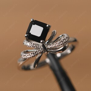 asscher cut 6 mm black spinel ring sterling silver bowknot cocktail ring for women