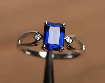 engagement ring blue sapphire ring September birthstone emerald cut blue gemstone sterling silver