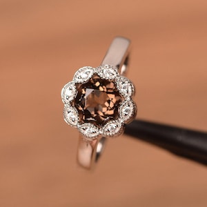 natural smoky quartz ring wedding anniversary ring sterling silver round cut gemstone ring flower ring