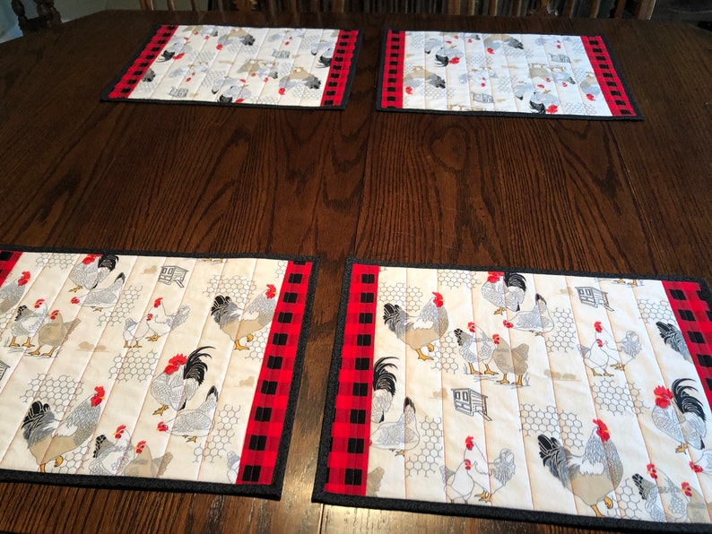 Set of 4 handmade quilted placemats Barnyard roosters