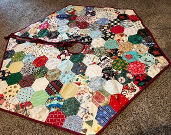 Handmade quilted Christmas tree skirt, scrappy hexagons