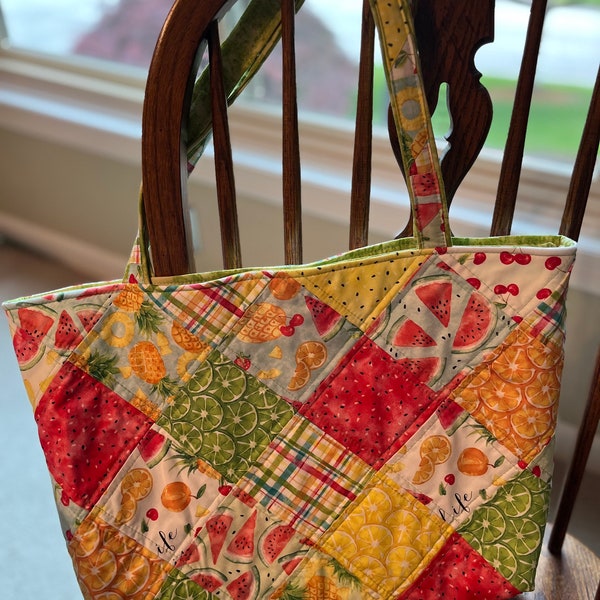 handmade scrappy patchwork tote bag - fruits