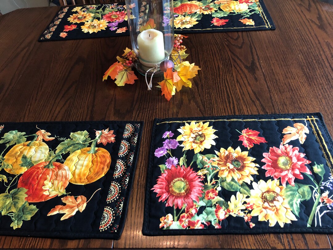 Set of 4 Handmade Quilted Placemats sunflowers & Pumpkins Etsy