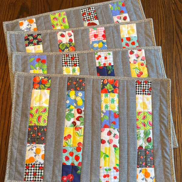 Set of 4 handmade quilted placemats - scrappy fruits