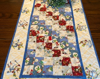 handmade quilted table runner -  snowmen