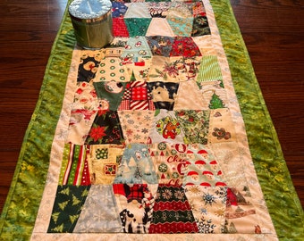 handmade scrappy quilted table runner-Christmas prints