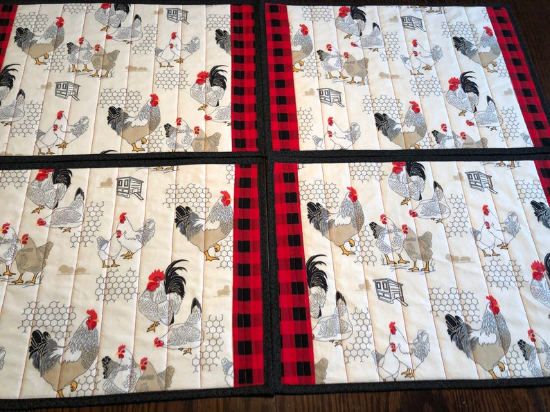 Set of 4 handmade quilted placemats Barnyard roosters