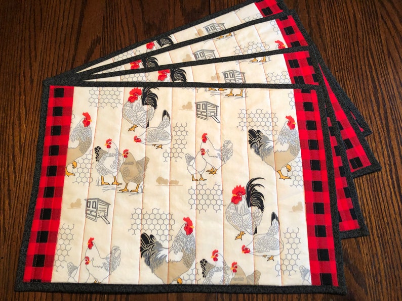 Set of 4 handmade quilted placemats Barnyard roosters