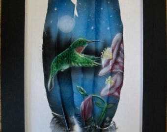 Moonlit Hummingbird - Russ Abbott Hand Painted Three Feather