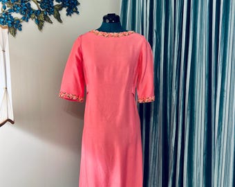 1960s Raw Silk Pink Dress sleeves, floral trim, 3/4 sleeves, sheath dress