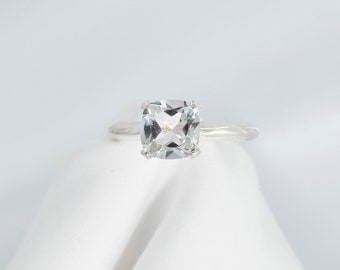 White Topaz Ring, 8mm Cushion Cut Gemstone, Topaz Solitaire, 925 Sterling Silver, Four Prong Mounting