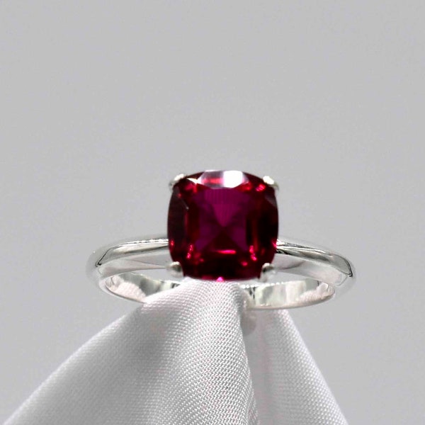 Ruby Ring, 8mm Cushion Cut Gemstone, July Birthstone, July Ring, Set in 925 Sterling Silver  Four Prong Solitaire Mounting
