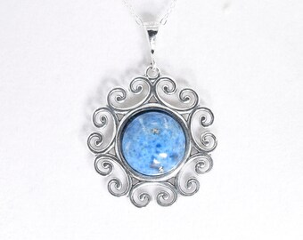 Denim Lapis Pendant, Genuine Gemstone 12mm round Cabochon, Set in 925 Sterling Silver Pendant with 20inch Chain Included