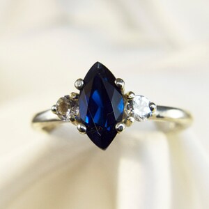 Blue Spinel Ring, 10x5mm Marquise with 3mm Round White Topaz Accents set in 925 Sterling Silver Ring