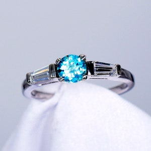 Apatite Ring, Blue 5mm Round Faceted,  Genuine Gemstone, With 2 CZ Side Stones, Set in 925 Sterling Silver Mounting