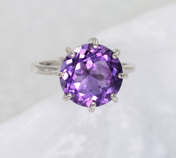 Amethyst Ring, Big and Bold Solitaire, Genuine Gemstone 12mm Faceted Round  5 Carats, Set in 925 Sterling Silver 8 Prong Ring, - Etsy