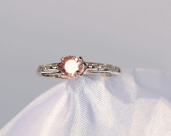 Morganite Ring, Round Faceted 5mm, Faceted Pink Genuine Gemstone, Pink Beryl Ring, Set in 925 Sterling Silver Scrolled Mounting