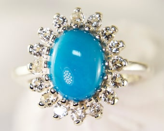 Sleeping Beauty Turquoise Ring, Genuine US Gemstone 10x8mm Oval Cabochon  With A Halo Of 2mm Round White Topaz Set In 925 Sterling Silver