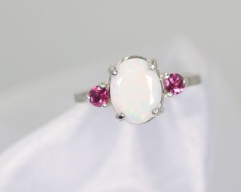 Opal Ring, Genuine Ethiopian Gemstone 9x7mm Faceted, With 3mm Genuine Pink Tourmaline Faceted Accent Gemstones, Set in 925 Sterling Silver