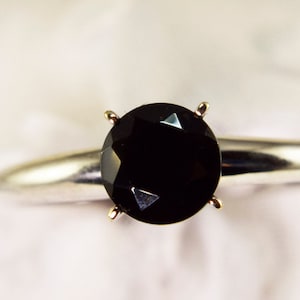 Black Spinel Ring, Black Engagement Ring, Genuine Gemstone 7mm 1.3+ ct. Round Set in 925 Sterling Silver Solitaire Ring