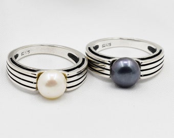 Pearl Ring, Deco Inspired Ring 8mm Round Genuine Freshwater Pearl, White or Gray, Set in 925 Sterling Silver Ring
