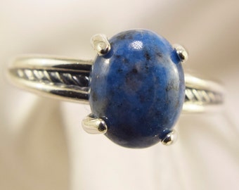 Denim Lapis Ring, Genuine Light Blue Gemstone 10x8mm Oval Cabochon, Set in 925 Sterling Silver Antiqued Rope Ring