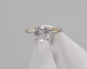 Rose Quartz Ring, 8mm Cushion Cut Gemstone, Rose Solitaire, Set in 925 Sterling Silver  Four Prong Mounting