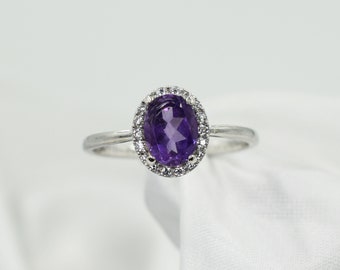 Amethyst Halo Ring, Genuine Amethyst Gemstone 8x6mm Oval, 1.16 carats, Unique Engagement Ring, Set in 925 Sterling Silver, Halo of CZ's