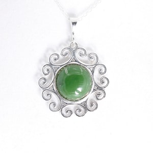 Jade Pendant, Genuine Nephrite Jade, 12mm Round Cabochon Cut, Set in 925 Sterling Silver Fancy Mount