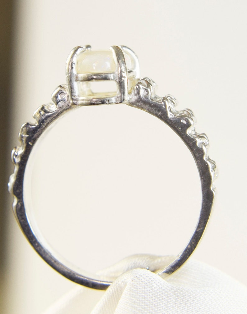 Opal Ring Genuine White Opal 7x5mm Oval Cabochon Set In 925 Sterling Silver Nugget Style Ring