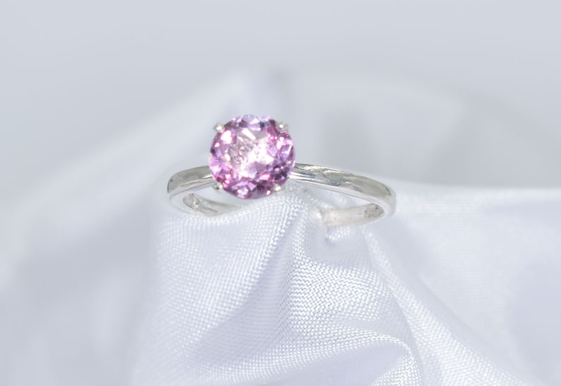 Genuine Gemstone 7 mm 1.56 carats Faceted Round Gemstone Set in 925 Sterling Silver Mounting Pink Topaz Ring