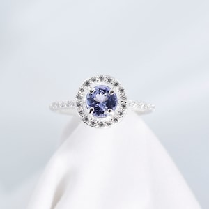 Tanzanite Ring, Engagement, Wedding, Solitaire Ring, Genuine Gemstone 6mm Round, Halo of CZ&#39;s and Down the Shoulders