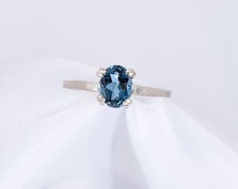 London Blue Ring, Genuine Gemstone 8x6mm 1.5ct Double Prong Ring Set in 925 Sterling Silver Solitaire Ring