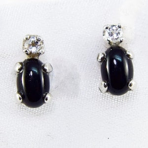 Black Onyx Earrings, Genuine 6x4mm Onyx With White Topaz 2mm Round Accents, Set in 925 Sterling Silver Stud Earrings