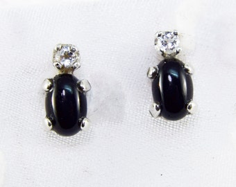 Black Onyx Earrings, Genuine 6x4mm Onyx With White Topaz 2mm Round Accents, Set in 925 Sterling Silver Stud Earrings