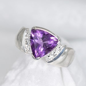 Amethyst Ring,  Genuine Gemstone 9mm Trillion Cut 2.23 carats, February Birthstone, with 6-2.5mm CZ&#39;s, 925 Sterling Silver Trillion Mount