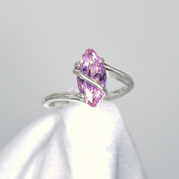 Pink Ice Ring, Genuine CZ 12x6mm approx 2 ct. Marquise set in 925 Sterling Silver Crossover Bar Ring