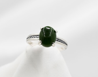 Jade Ring, Green Ring, Genuine Nephrite Jade 10x8mm Cabochon Cut, Set in 925 Sterling Silver Rope Ring