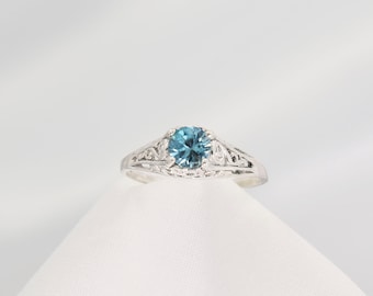 Blue Zircon Ring, Genuine Gemstone 5mm Round .60ct, Filigree Style, 925 Sterling Silver Solitaire Ring