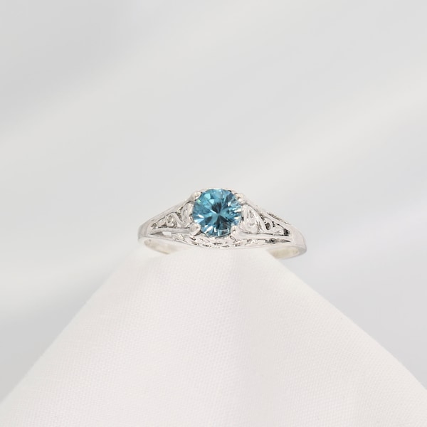 Blue Zircon Ring, Genuine Gemstone 5mm Round .60ct, Filigree Style, 925 Sterling Silver Solitaire Ring