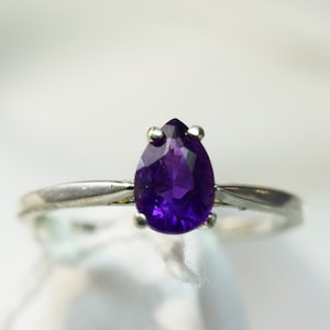 Amethyst Ring, Genuine Gemstone 8x5mm .85ct Petite Pear Shaped, Set in 925 Sterling Silver Solitaire Ring