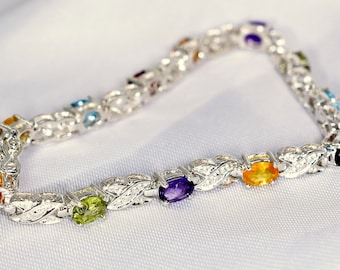 Bracelet, Multi stone Genuine  Citrine, Topaz, Garnet, Amethyst, and Peridot,  Set in 925 Sterling Silver with a Double Clip Box Clasp