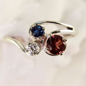 Patriotic Ring, Genuine Gemstones, Garnet-Blue Sapphire-WhiteTopaz, Set in 925 Sterling Silver Ring