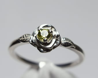 Peridot Ring, Unique Promise Ring, Rose Bud Setting, Genuine Gemstone 3 mm Faceted Round, Set in 925 Sterling Silver