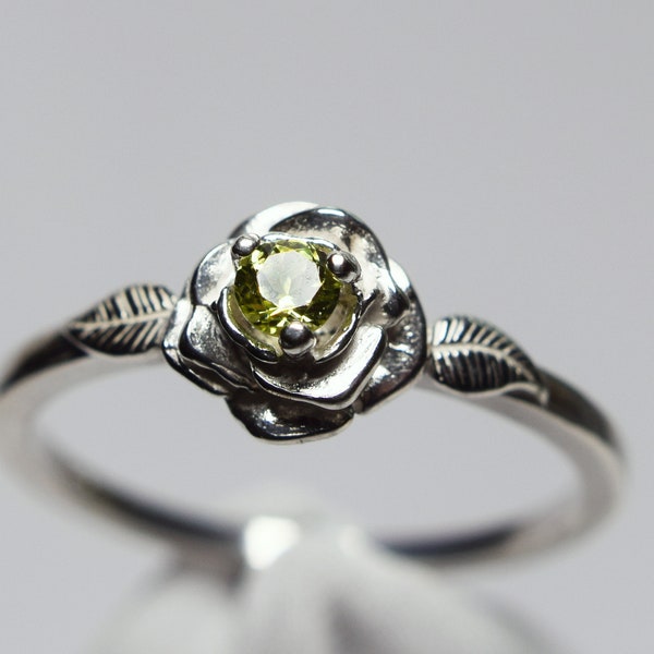 Peridot Ring, Unique Promise Ring, Rose Bud Setting, Genuine Gemstone 3 mm Faceted Round, Set in 925 Sterling Silver